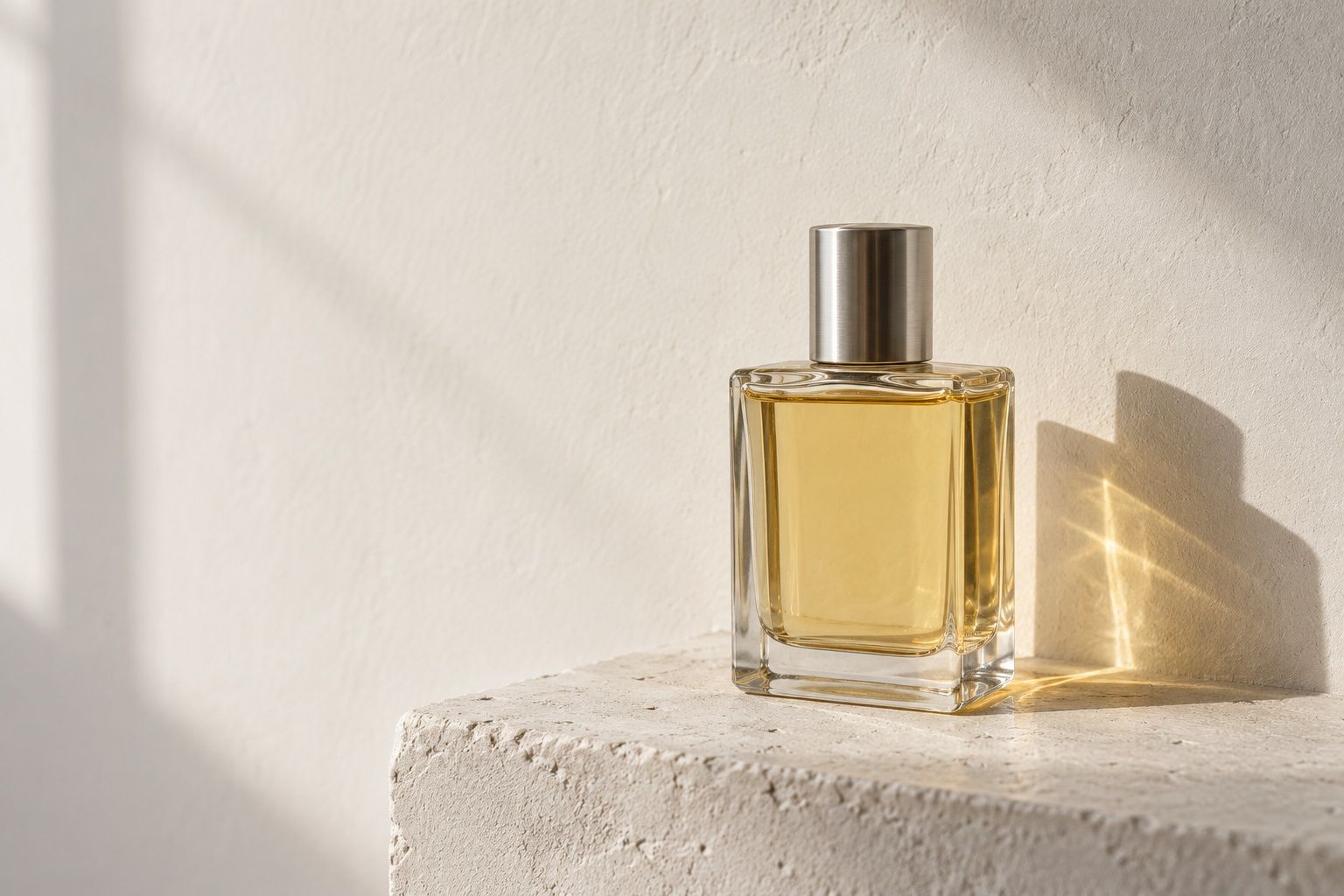 A clear glass perfume bottle of pale gold perfume on a block of white plaster in late afternoon light