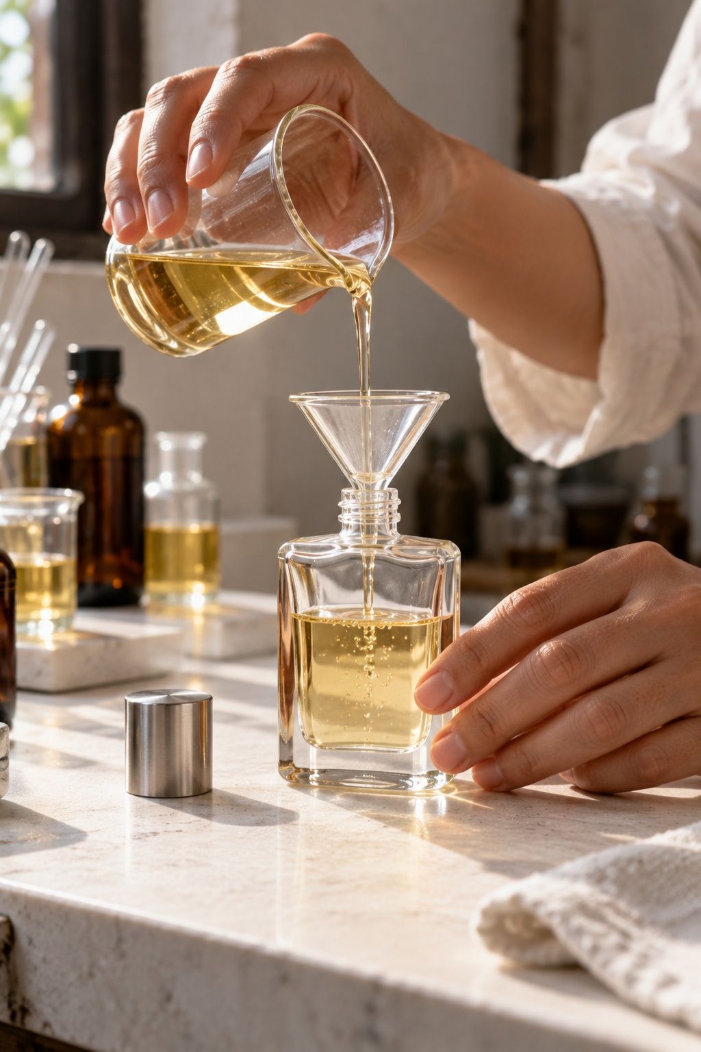 Hands filling a clear perfume bottle with pale gold perfume through a small glass funnel