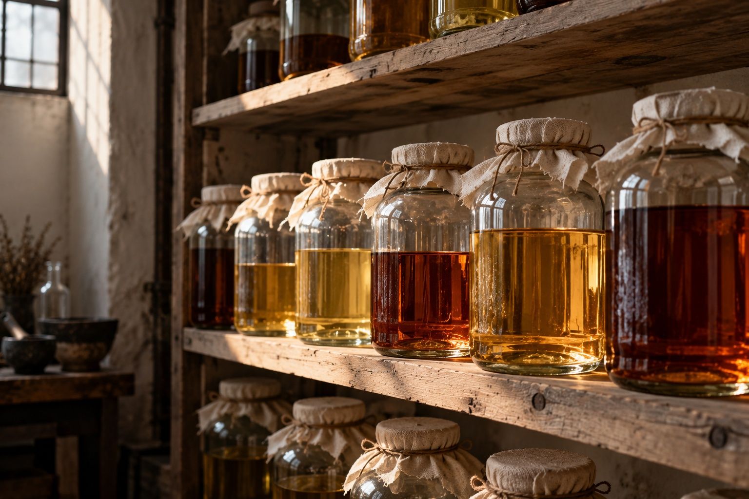 Rows of large glass jars of perfume in shades of gold and amber on an old timber shelf